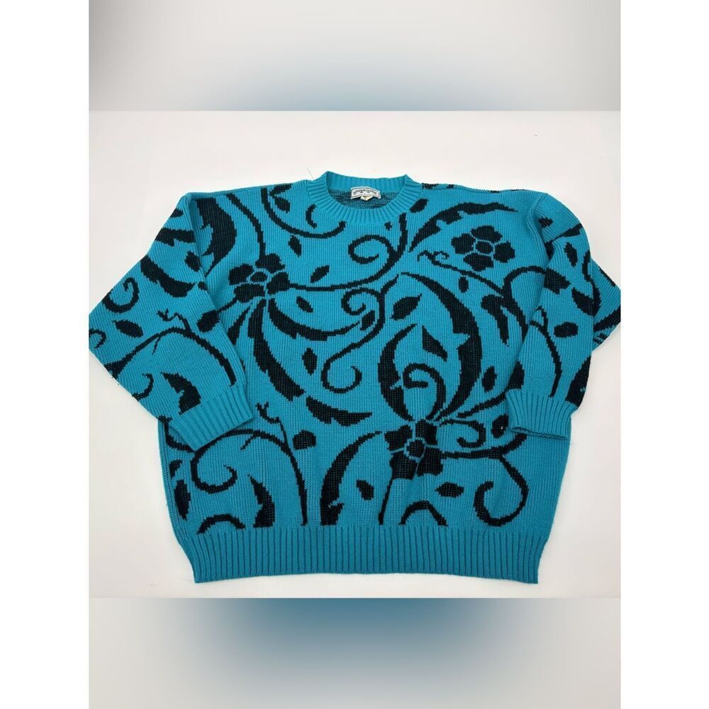 Vintage acrylic Teal Floral Scroll Knit Sweater